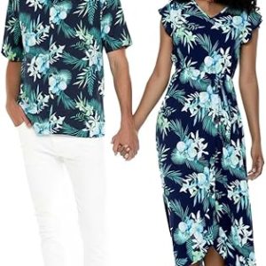 Matchable Couple Hawaiian Luau Shirt or Wrap Ruffle Dress in Orchid Breeze Navy