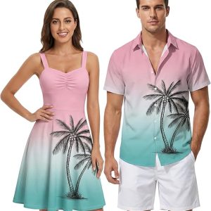 DRESSFO Matchable Couples' Outfit Ombre Coconut Tree Print Button-up Shirt Or Strappy Dress