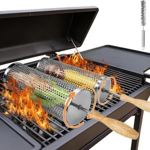 2 PCS Rolling BBQ Grill Basket, Outdoor Barbecue Smoker Grill Rolling Baskets, Birthday Gifts for Dad Men Husband Unique